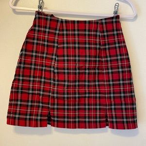 Red plaid skirt with slits